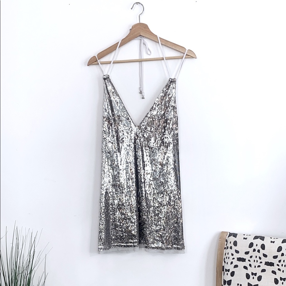 Free People Sequin Silver Gunmetal Mini Dress Medium